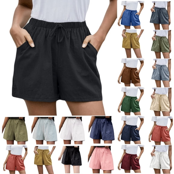 Dyegold Linen Shorts For Women Casual Comfy Elastic Waist Drawstring Shorts Summer Beach Lightweight Short Pants With Pocket
