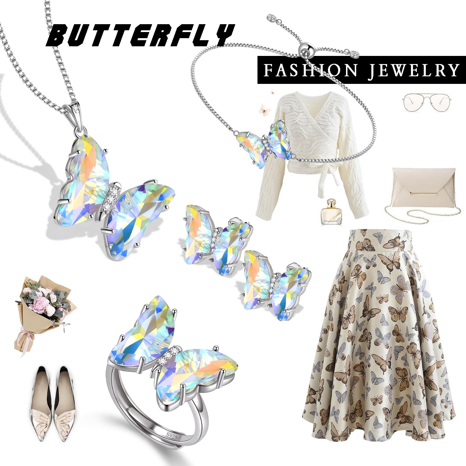 White Butterfly Jewelry Sets 5PCS, Necklace Earrings Bracelet Ring April Birthstone Jewelry Set Crystal Sterling Silver Women Birthday Mother's Day Gifts
