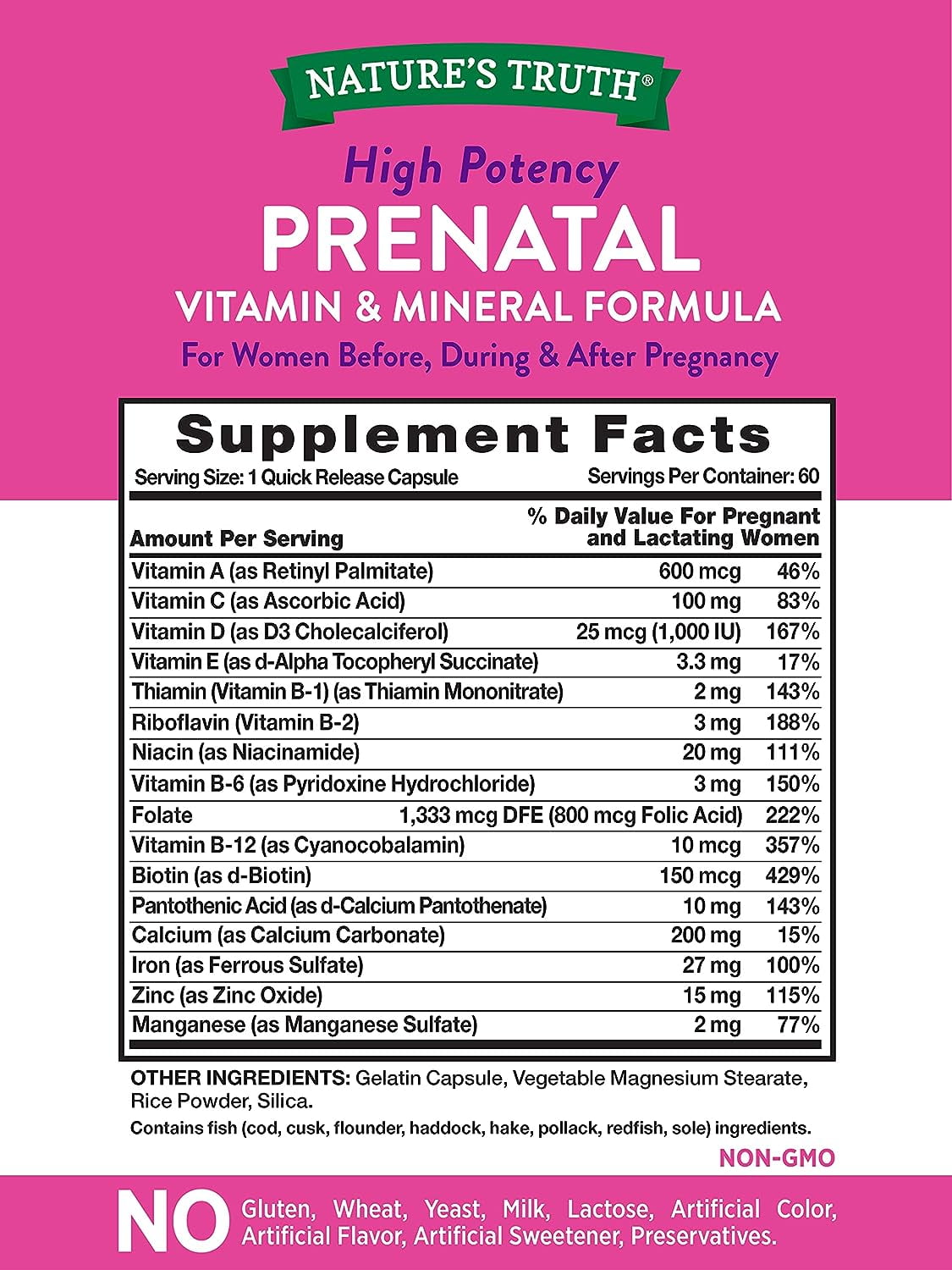 Prenatal Vitamins With Folic Acid | 60 Capsules | Non-GMO & Gluten Free | by Nature's Truth