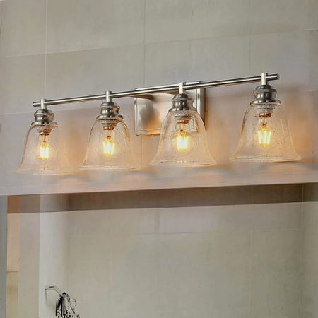 

Bathroom Light Fixtures 2-Light Brushed Nickel Vanity Light with Seeded Glass Shades Modern Vanity Light Fixtures BD008-2-BN