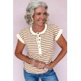 thumbnail image 6 of Casual Khaki Stripe T-Shirt for Women – Short Sleeve Round Neck Top with Button Detail, M, 6 of 7