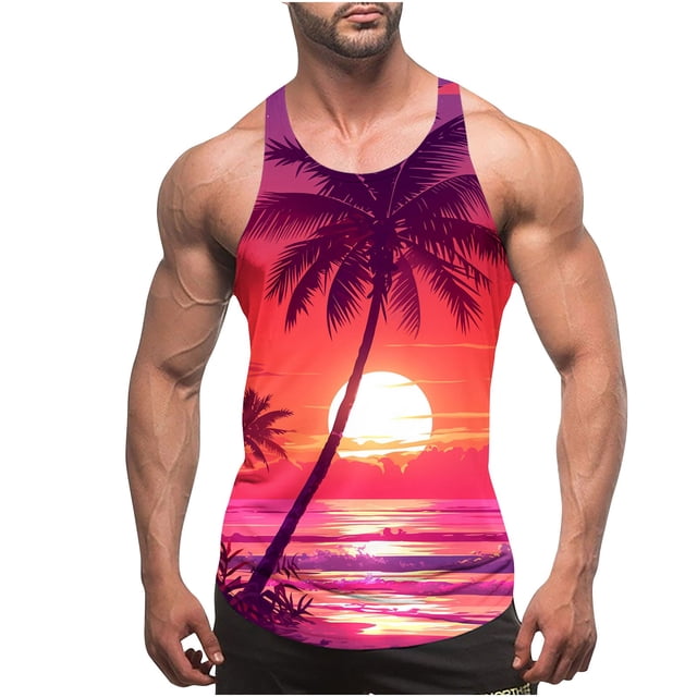 Camiseta de tirantes de cuello redondo para hombre, sin color, con estampado degradado, cuello redondo, tirantes finos, espalda con fugas, estilo informal, deportiva, para hombre