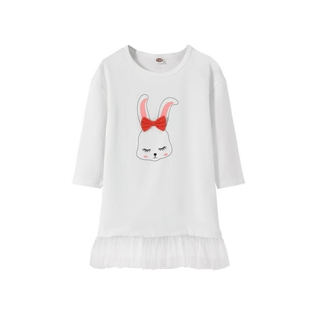 

KIMI BEAR Infant Girls Dress 12 Months Infant Girls Autumn Dress 24 Months Infant Girls Sweet Rabbit Print Long Sleeve Mesh Stitching Dress White