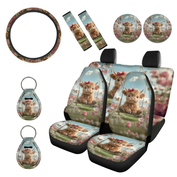 Renewold Highland Cow Butterfly Flower Car Seat Covers Set 11 PCS, with Soft Breathable Steering Wheel Seat Belt Covers Coasters Keychain Universal Fit for Most Vehicles
