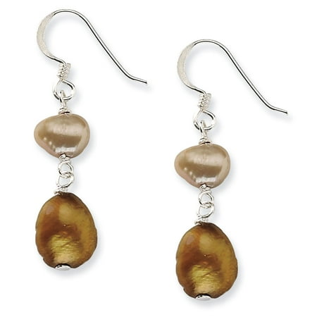 Baroque Freshwater Pearl Earrings - 925 Sterling Silver Slightly Baroque Form Brown and Cream Freshwater Cultured Pearl Dangle Earrings