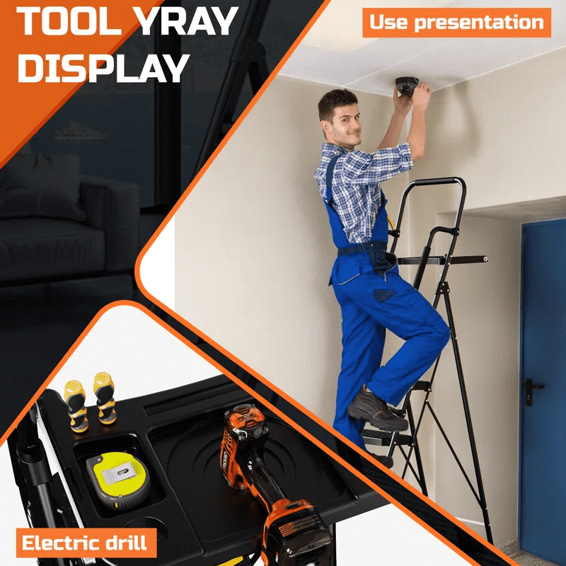 ASoopher 5 Step Ladder with Tool Tray and Handrails, Folding Stool with Wide Anti-Slip Pedal, Tool Platform, Sturdy Steel Ladder, Black
