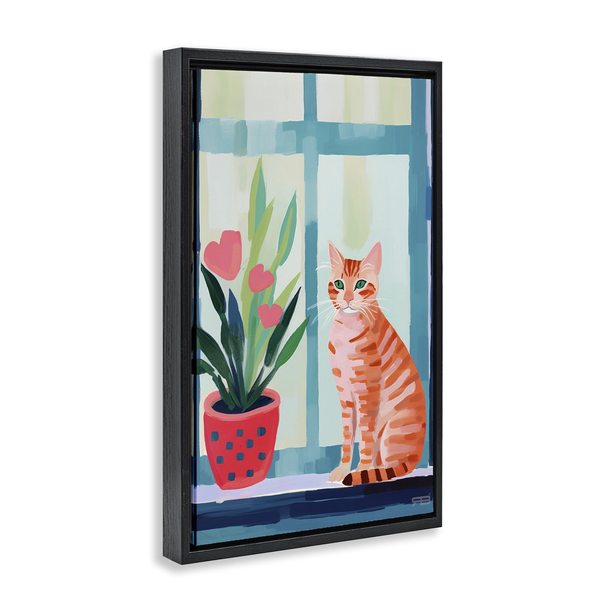 Stupell Industries Cat & Tulips in Windowsill Animals & Insects Painting Black Floater Framed Canvas Art Print Wall Art, 21 x 31