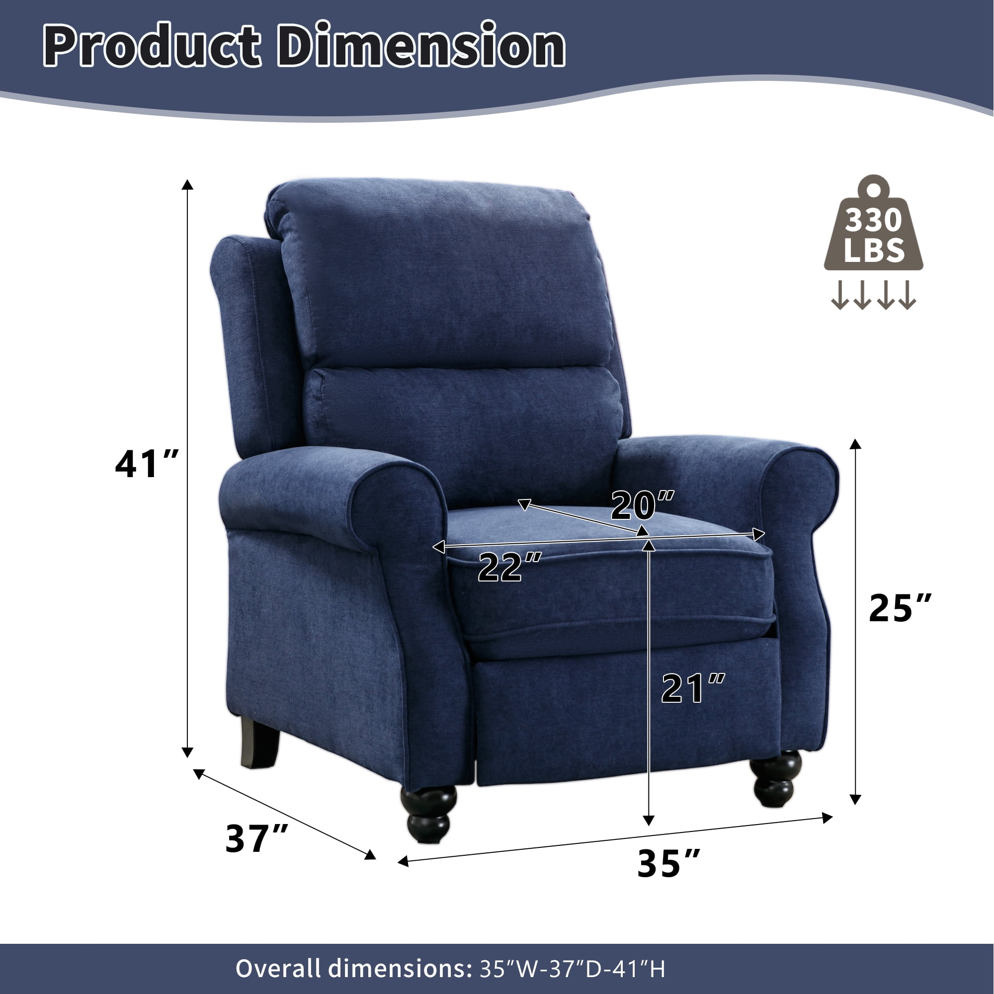 Ebello Push Back Recliner Chair – Overstuffed Textured Fabric Wingback Recliner, Adjustable Manual Reclining Sofa Chair for Living Room, Bedroom (Blue)