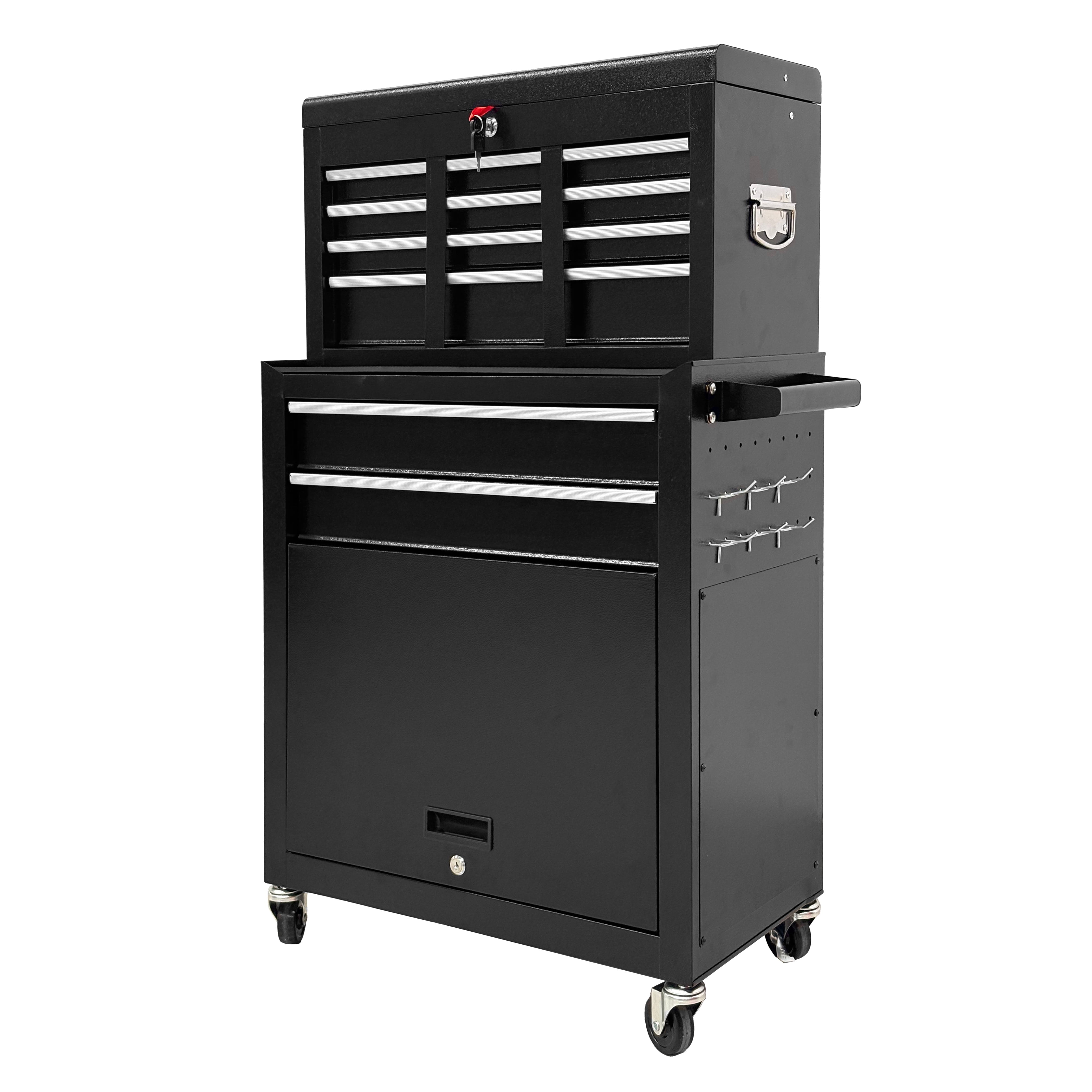 8 Drawer High‑Capacity Rolling Tool Chest, 2‑in‑1 Detachable Top Box,Metal Tool Storage Cabinet with Drawer Liners, Lockable Wheels & Side Hooks, Heavy‑Duty Tool Cart for Garage Workshop, Black