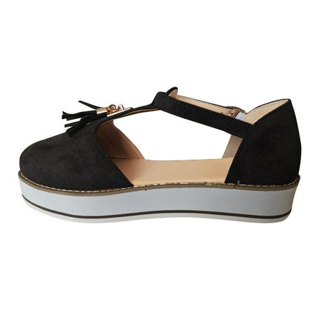

Tangnade Ladies daily all-match casual shoes Women s Tassel Round Toe Flat Pumps Thick Bottom Buckle Strap Casual Beach Shoes Black 43