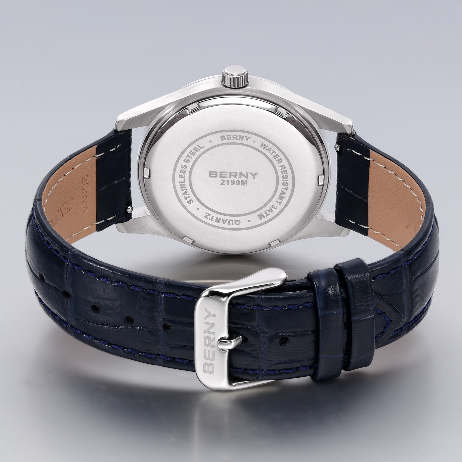 BERNY Dress Watches for Men, MultiFunction Leather Watch with Moon Phase, Day & Date Calendar, Stainless Steel Case, Easy to Read, Waterproof, Classic Analog Quartz Wrist Watch (Blue)