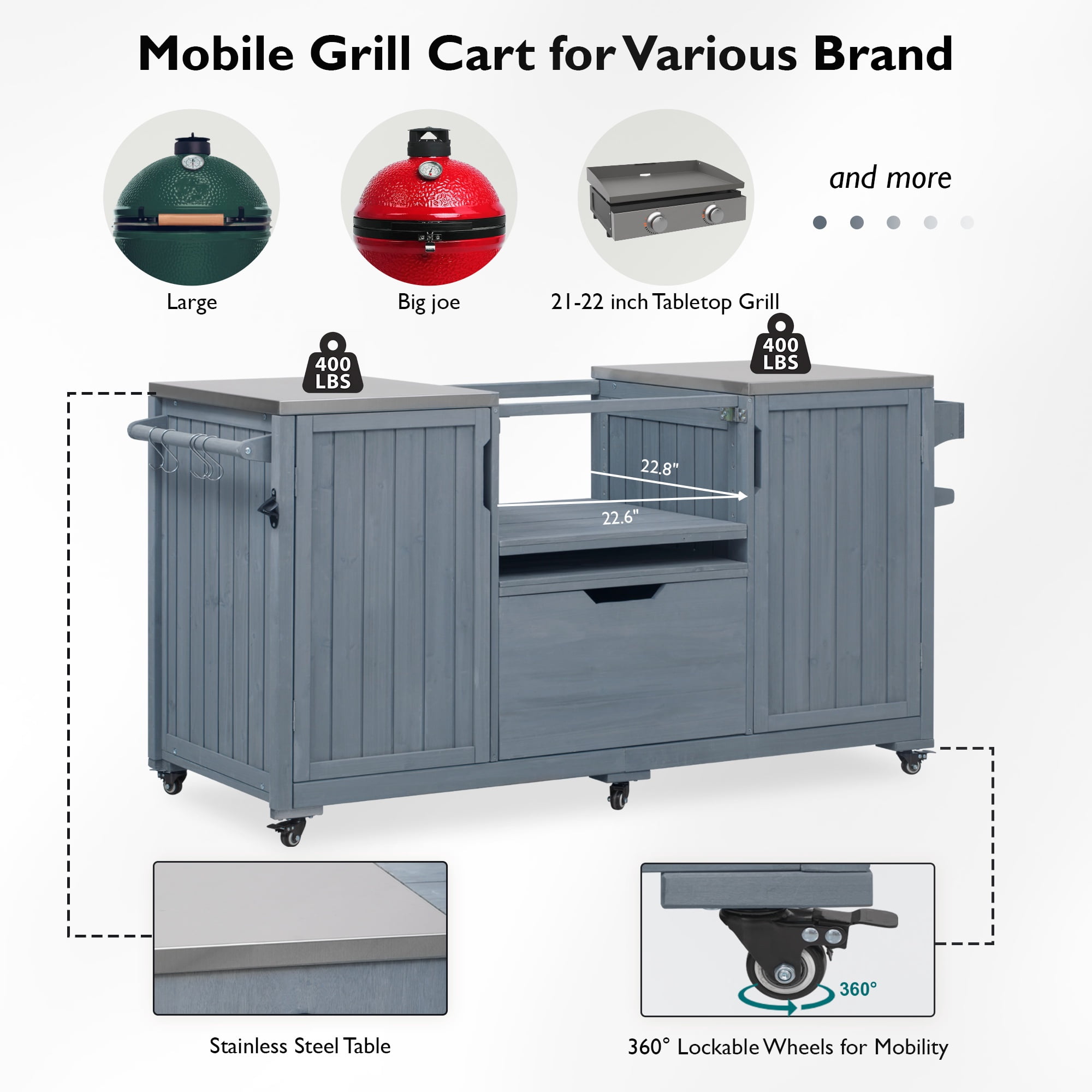 Bellemave 66.5" Outdoor Serving Cart Kitchen Island Rolling Bar Cart with Wheels, Drawer and Rack Solid Wood Outdoor Grill Cart for Tabletop Grill with Stainless Steel Top, Gray Blue + Style 2