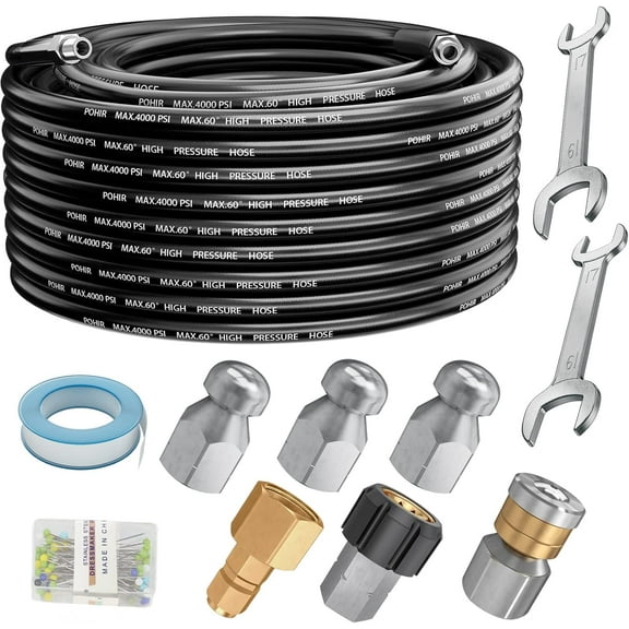 POHIR 50FT Sewer Jetter Kit for Pressure Washer 4000PSI Hydrojet Drain Cleaning Kit with Button Nose 1/4 Inch NPT Rotating Sewer Jet Nozzle Spanner Waterproof Tape Pearl Corsage Pin