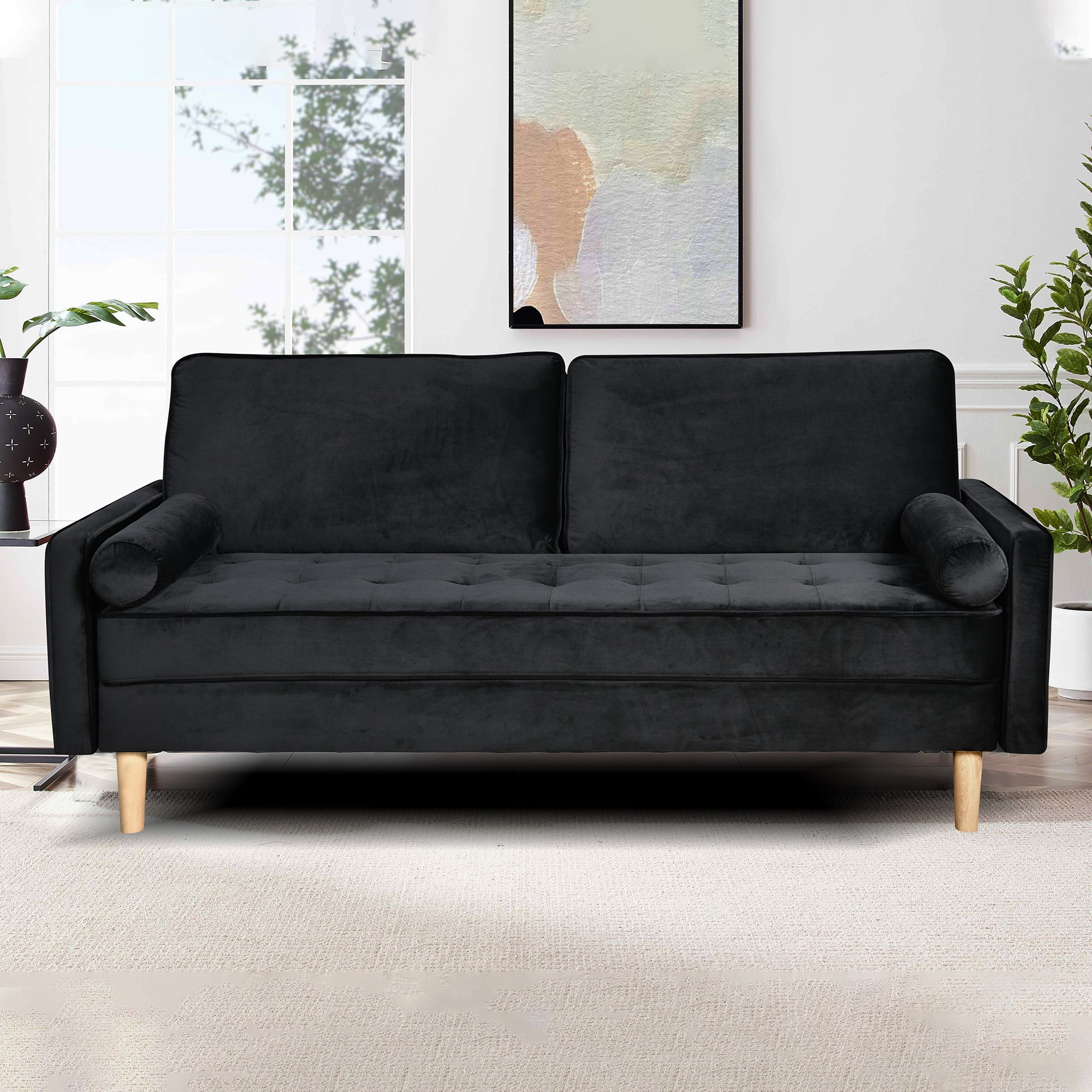 70" Modern Velvet Loveseat Sofa Couch,Mid-Century Tufted Upholstered Small Love Seat Couch with 2 Pillows for Compact Space,Living Room,Apartment,Black
