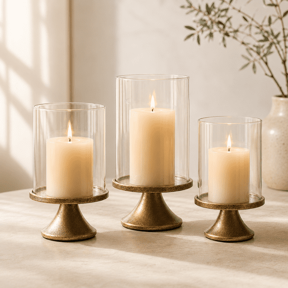 Hurricane Glass Candle Holders Set of 3, Weighted Antique Brass-Tone Metal Bases with Clear Glass Shades for Pillar Candles and Home Decor