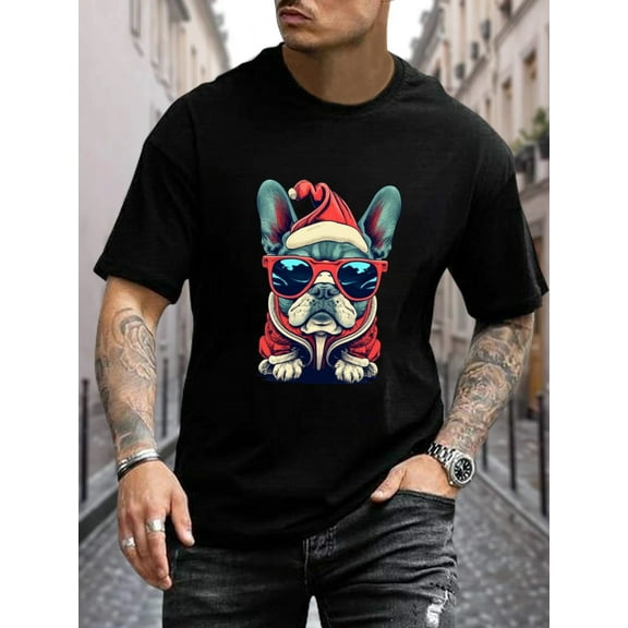Christmas French Bulldog Print T Shirt, Tees For Men, Casual Short Sleeve T-shirt For Summer