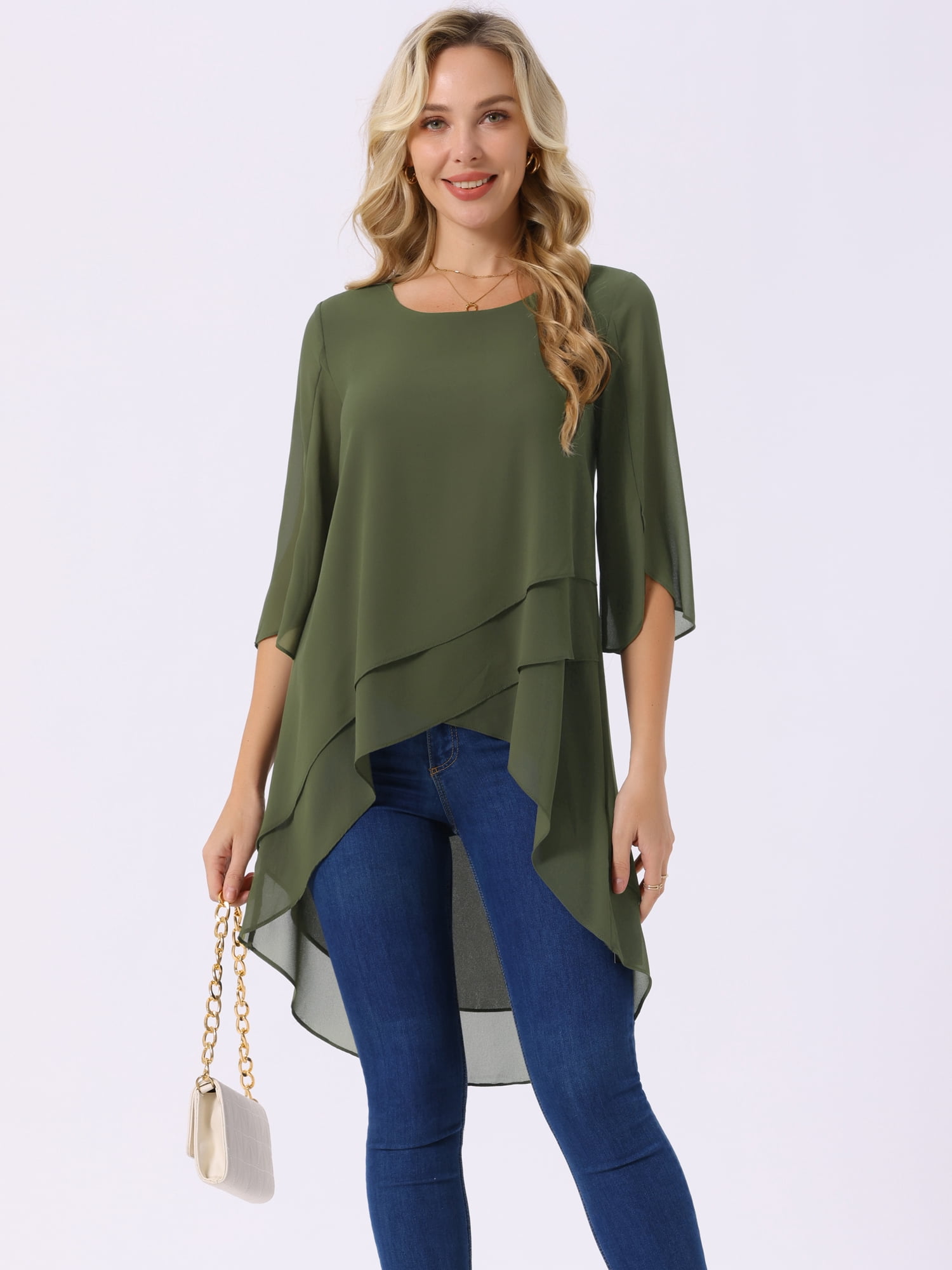 DARING DIVA Women's 3/4 Sleeve High Low Hem Scoop Neck Chiffon Blouses L Army Green