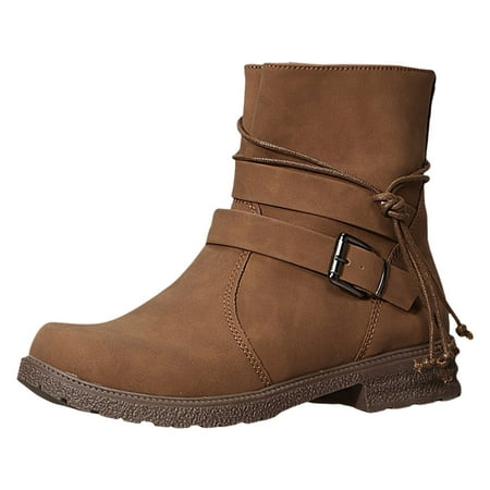 OJSFQUFP Womens Shoes Winter Warm Boots Women s Flat Casual Boots with Side Zippers Round Toe Retro Boots Work Shoes Women Business Casual Work Boot Khaki 37