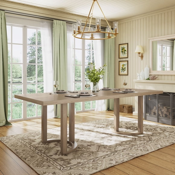 Natural Ash Solid Wood Dining Table - Seats 8 | 95” Rectangular Kitchen & Dining Table with Trestle Base | Contemporary Style