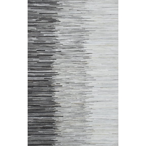 New Hairon 5x8 and 8x10 Leather Stripe Design Handmade Gray and Silver Area Rug, Hand Stitched Genuine Leather Rug | LR5
