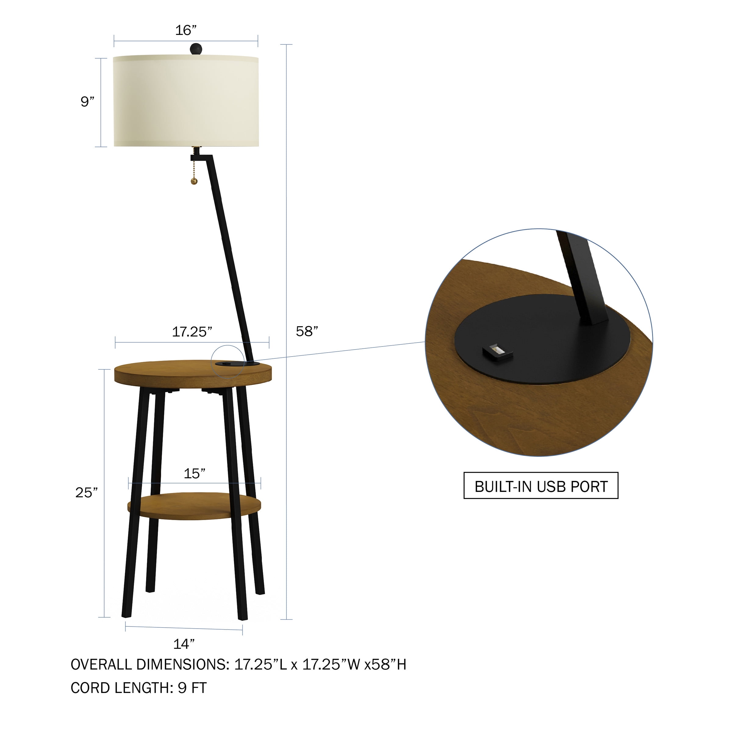 Lavish Home 58-inch Floor Lamp with Table - Mid-Century Nightstand with USB Charging Port and Drum Shade