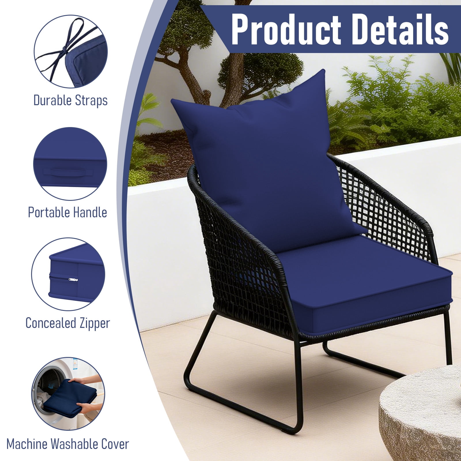 Yacona Outdoor Chair Cushions Set, 24x24in Patio Furniture Cushions with Handle, for Patio Furniture Chair Sofa, Blue