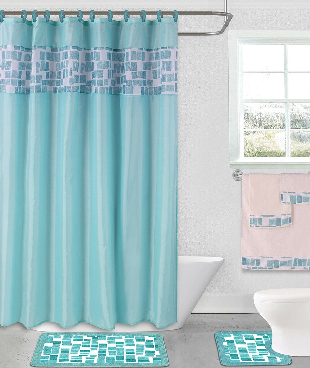 Sage Design Banded Bath Set Includes Bath Mat 12 Fabric Covered Shower Curtain Rings Contour Mat Shower Curtain Royal Trading 15 Pc Lisa