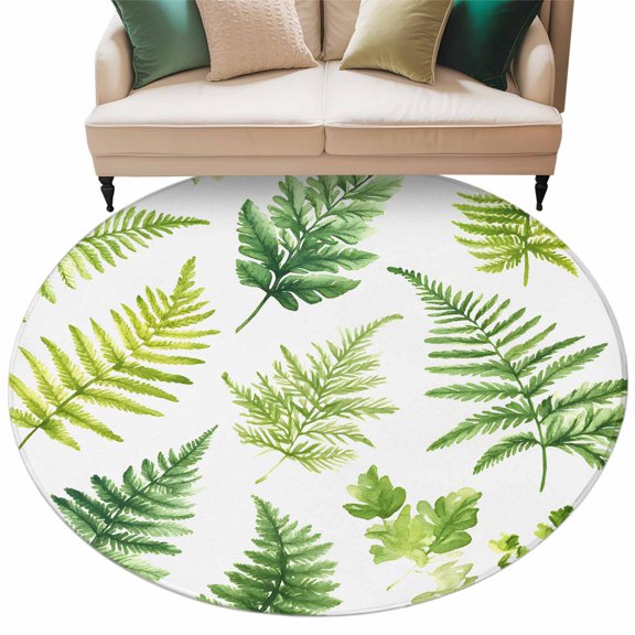 Palm Leaves Round AreaRug 5ft Spring Leaf Non-SlipWashable Circle Rugs Soft Felt Indoor Floor Mat for Bedroom Kitchen Living Room Bathroom