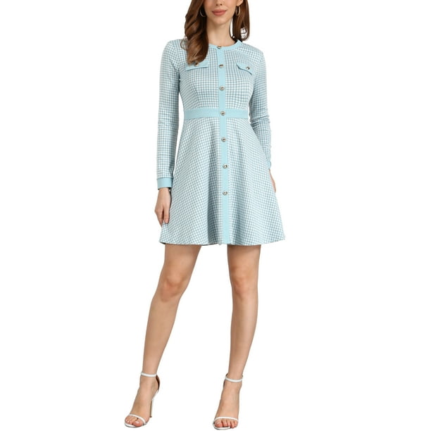 Vestido elegante de mujer con estampado de pata de gallo, cuello redondo, botones frontales, corte A, color azul claro