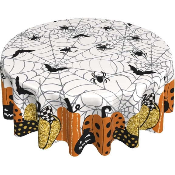 Halloween Tablecloth Round 60 Inch Black Burnt Orange Gold Pumpkin Spider Spiderweb Holiday Themed Scary Halloween Decorative Table Cloth Farmhouse for Indoor Party Kitchen Dinner Picnic Decor