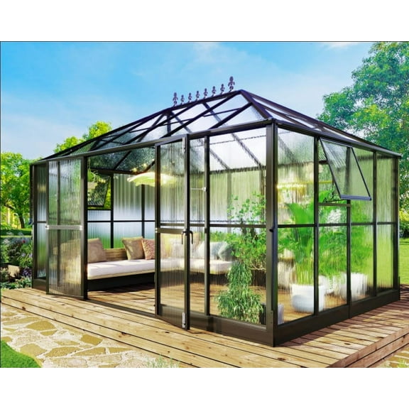 Jocisland 14x9.5x9 ft Polycarbonate Greenhouse- 6 ft Wall Height Ventilation and Rain Gutter, Black