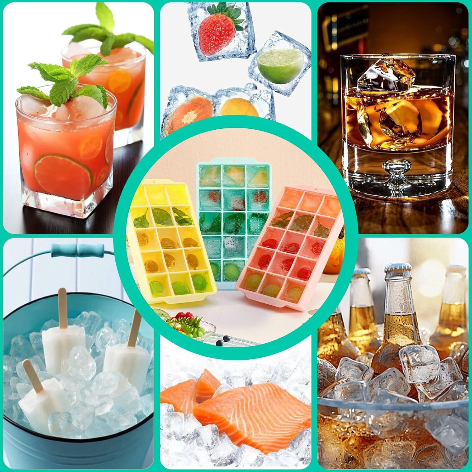 3-Pack Silicone Ice Cube Trays with Lids – 45 Cubes, Easy-Release, Leakproof – BPA-Free – Multicolor – 9.44"L x 8.26"W x 1.57"H
