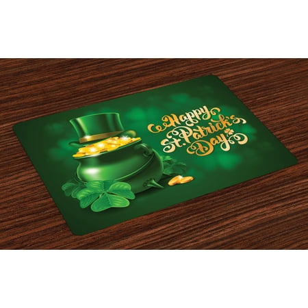 St Patricks Day Placemats St. Patrick's Day Placemats Set of 4 Large Pot of Gold Leprechaun Hat and Shamrocks Greetings 17th March, Washable Fabric Place Mats for Dining Room Kitchen Table Decor,Gold and Emerald, by Ambesonne ()