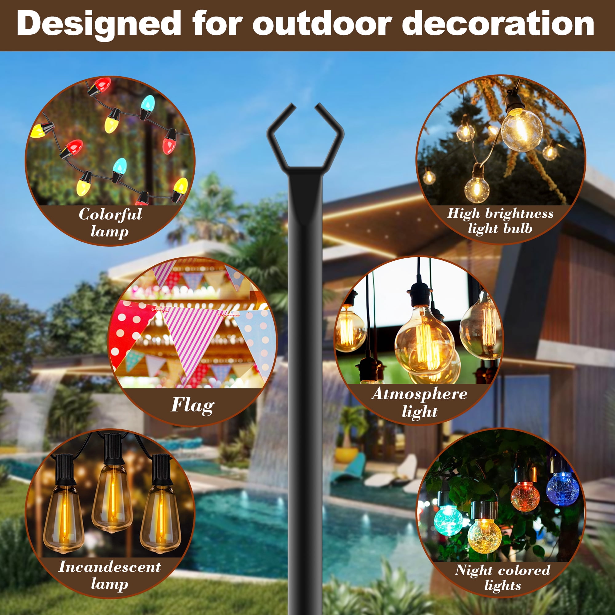 [2pcs Metal Pole] 10 Feet Metal Patio String Lights Pole | Outdoor Hanging Pole For Garden, Backyard, Patio, Lighting Bracket For Parties, Christmas And Wedding