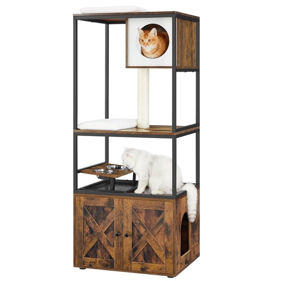 Feandrea Cat Tree, 59.8 Inches Tall Cat Condo with Litter Box Enclosure, Rustic Brown
