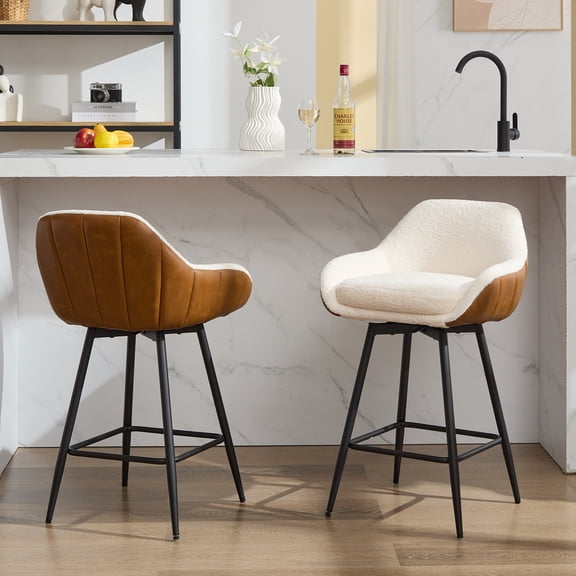 26 Inch Counter Height Upholstered Stools, Set of 2 Swivel Bar Stools with Back and Arms, Fabric Padded Seats