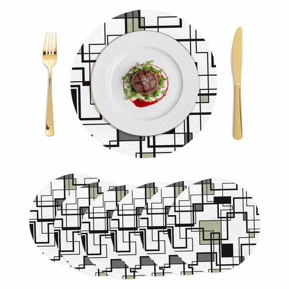 Sage Green Geometric Round 13 Inch Placemats Set of 6, Simple Black Gray Abstract Striped HeatResistant Non Slip Place Mats for Dining Table, Wipeable Braided Kitchen Table Mats for Housewarming