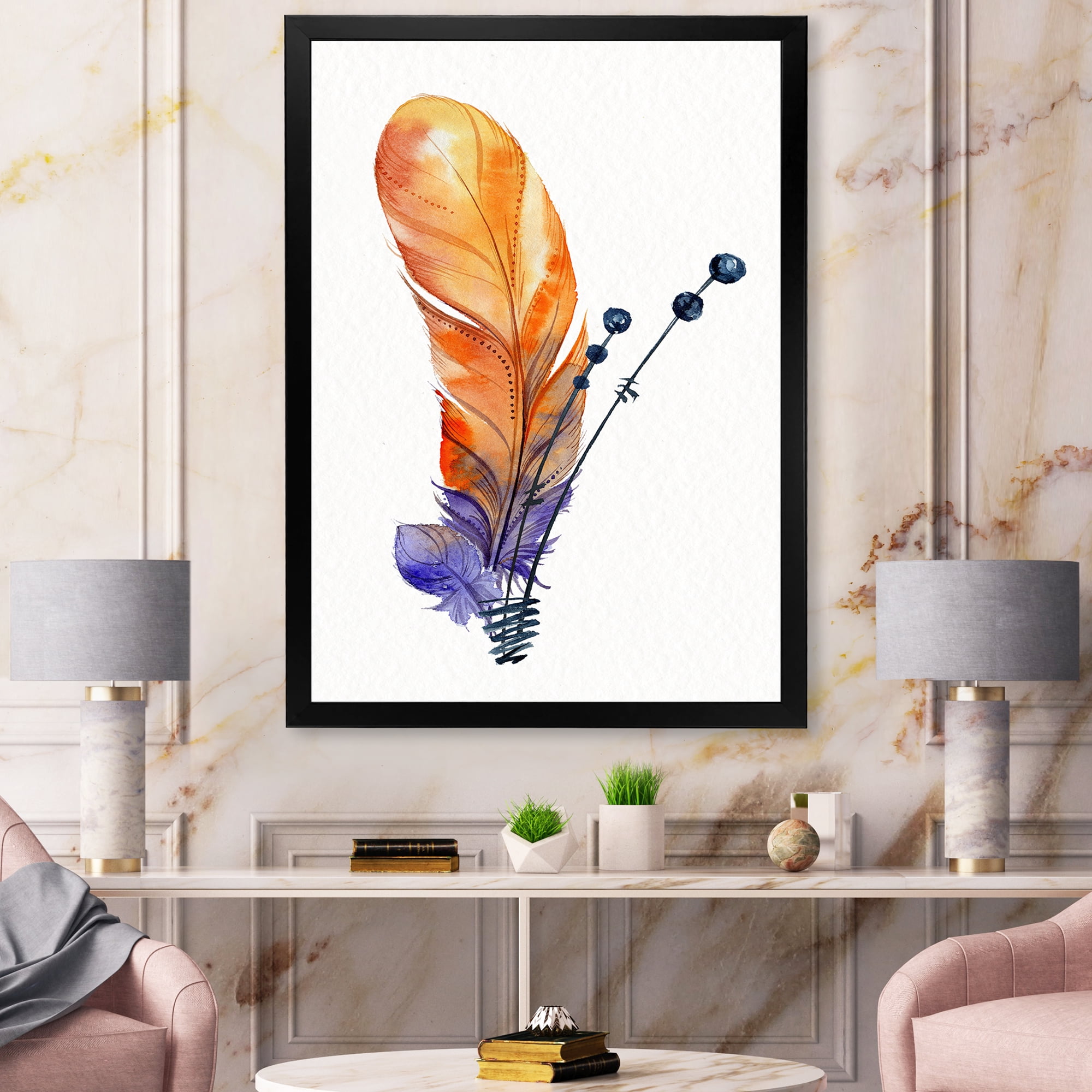 Designart 'Ethnic Orange Animal Feather Composition' Bohemian & Eclectic Framed Art Print
