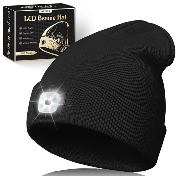 HEYAXA Gorro LED unisex con luz, gorro de faro recargable, regalos para Navidad, gorro de punto cálido, regalos para el día de San Valentín para hombres, adultos, adolescentes, mujeres, papá, él (negr