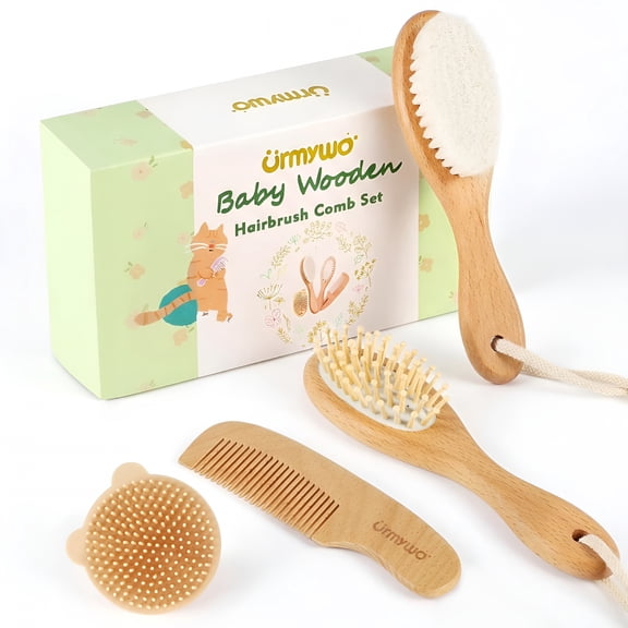 ACDANC Baby Brush And Comb Set 4 Piece Wooden Soft Bristle Hairbrush for Newborns,Baby Brush for Cradle Cap Essentials Care Kit Baby Shower Gift for Boys & Girls