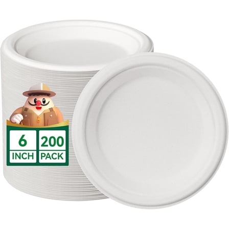 100% Compostable Small Paper Plates, 200 Pack 6 Inch Heavy Duty Dessert Plates, Disposable Biodegradable Eco-Friendly Sugarcane, Bulk White