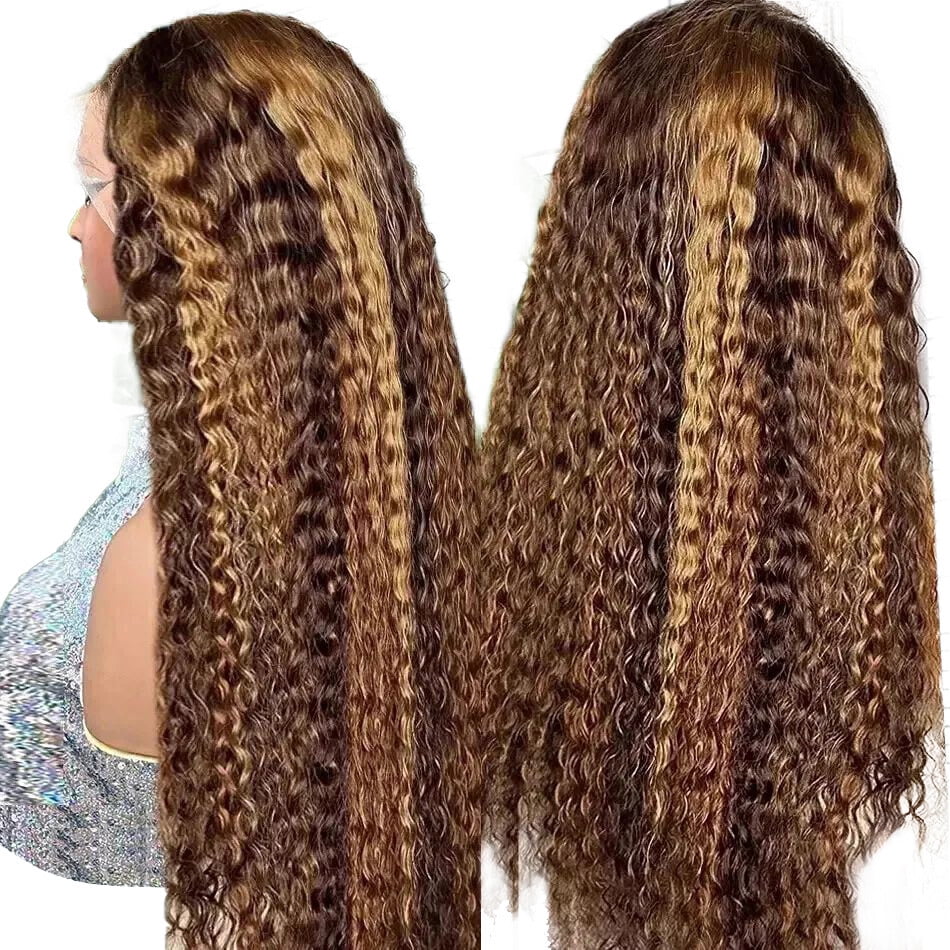 Firstbeauty Highlight Ombre Lace Front Wigs 100% Human Hair 4/27 180% Density Honey Blonde Water wave Wig Human Hair Lace Frontal Wigs 20inch Pre Plucked Wet and Wavy Curly Wigs