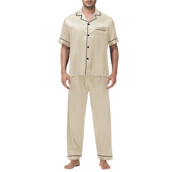 Lopecy-Sta Mens Summer Pajamas Sets Summer Home Wear Mens Satin Silky Pajama Set Short Sleeve Classic Sleepwear Button Down Loungewear with Long Pants