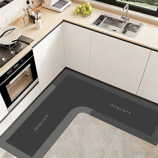 Fufafayo L-Shaped Kitchen Rug, Absorbent Non-Slip Floor Mat, Velvet Fleece Memory Foam Corner Carpet, Machine Washable Bathroom Rug for Kitchen Sink Cooking Living Room