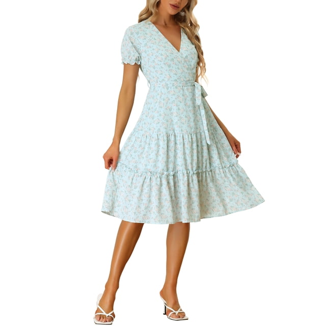 Vestido midi de manga abullonada con cuello en V y lazo en la cintura de flores de INSPIRE CHIC para mujer en azul claro M