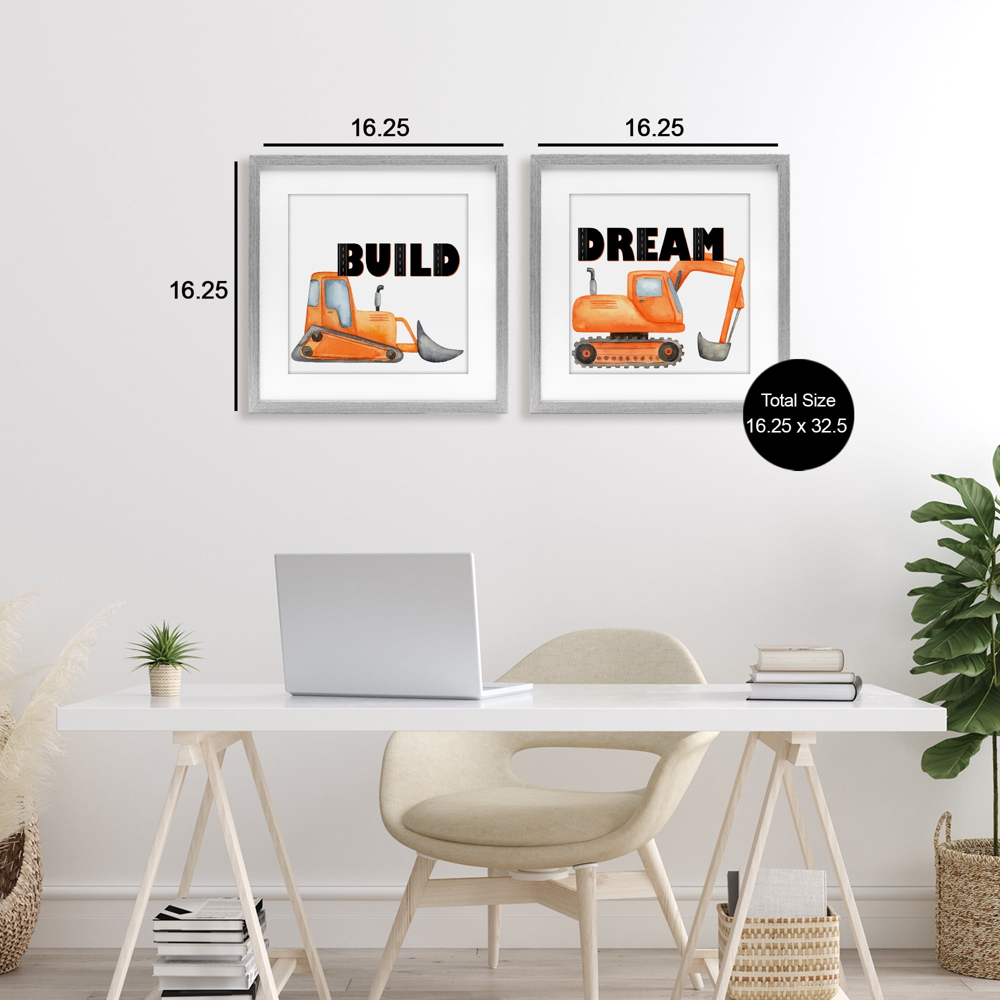 Build & Dream Construction Vehicles 2 Piece Gray Framed Print Under Glass Set, design by Kim Allen
