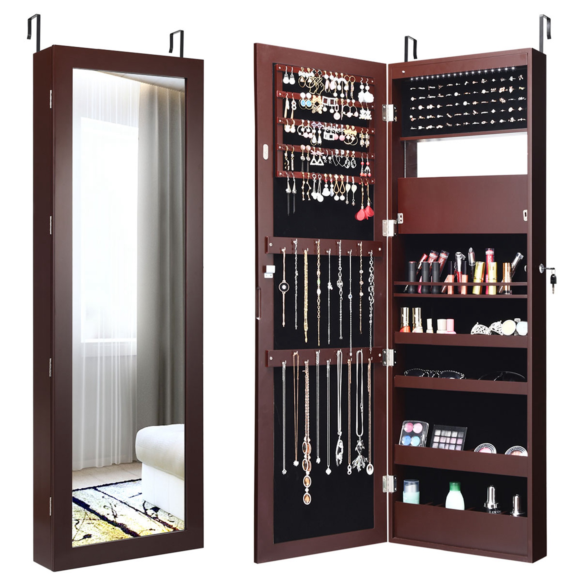 Costway Lockable Wall Door Mounted Mirror Jewelry Cabinet Armoire Organizer  w/LED Lights