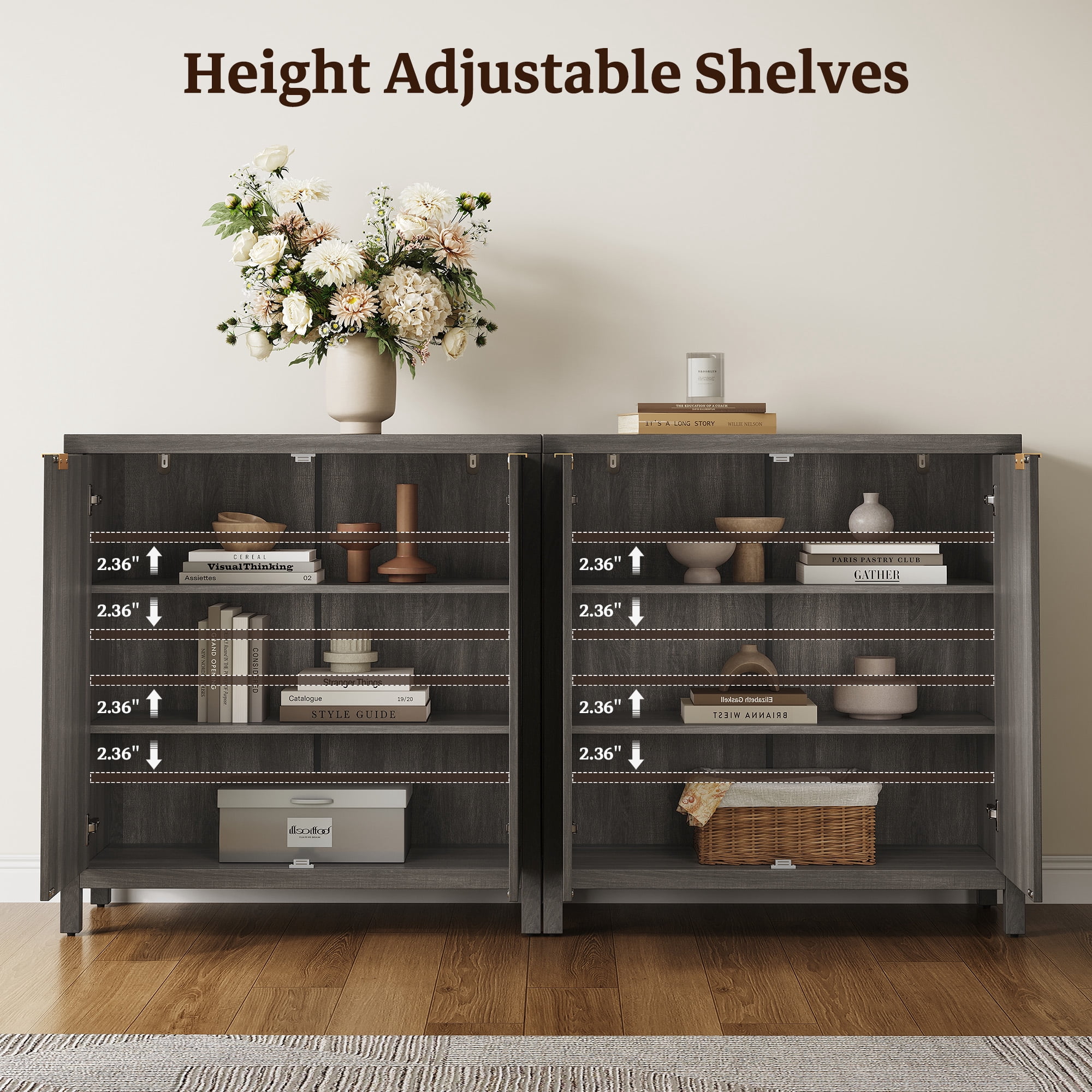 SICOTAS 34.2 Inch Wide Kitchen Pantry Cabinet Set of 2 with 2 Arch Rattan Doors, Adjustable Shelves, for Kitchen Storage, Freestanding Organizer Sideboard in Black Oak
