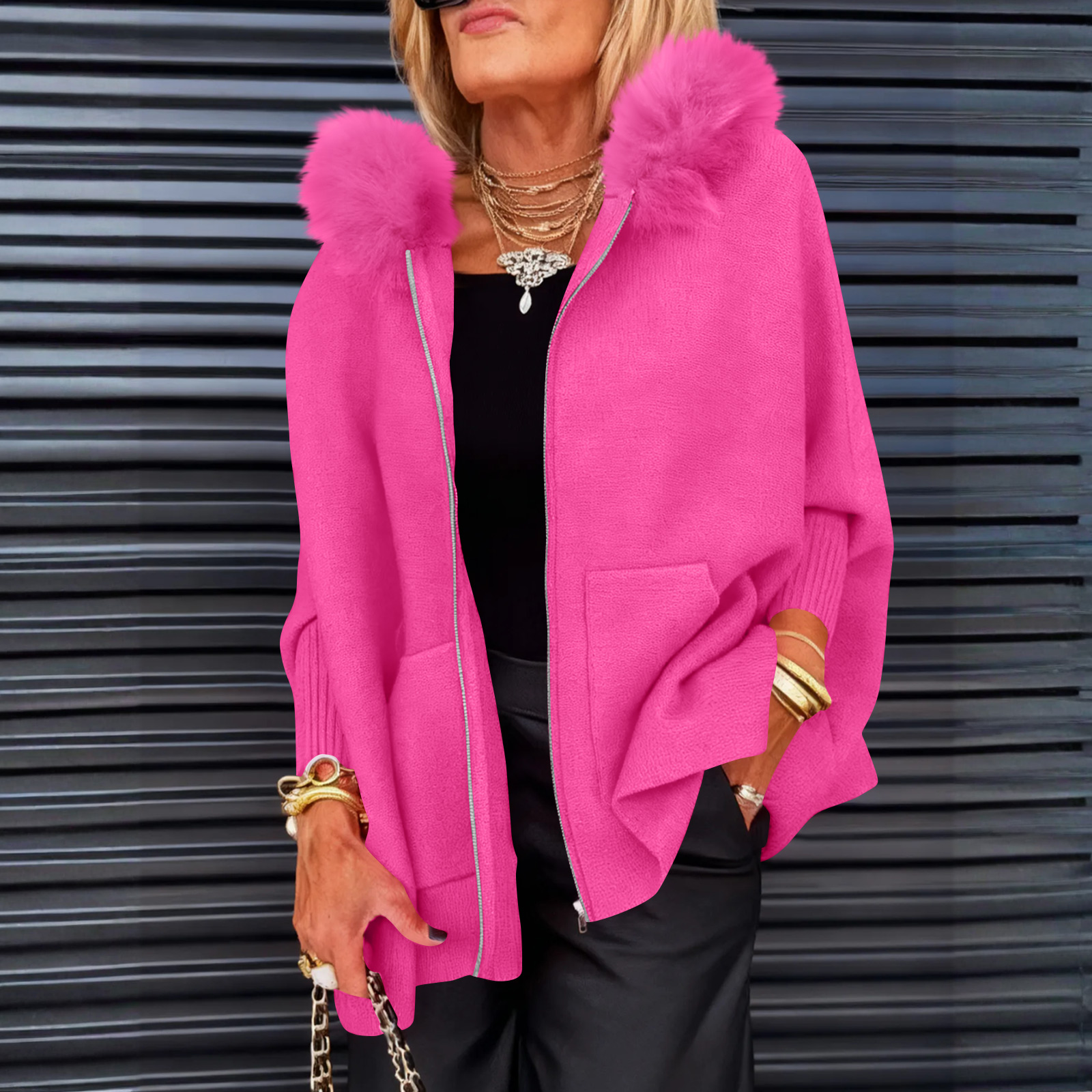 Women's Full Zip Up Hoodie Long Sleeve with Faux Fur Hooded Sweatshirts Front Pockets Jacket Loose Fit Coat for Women Hot Pink XL