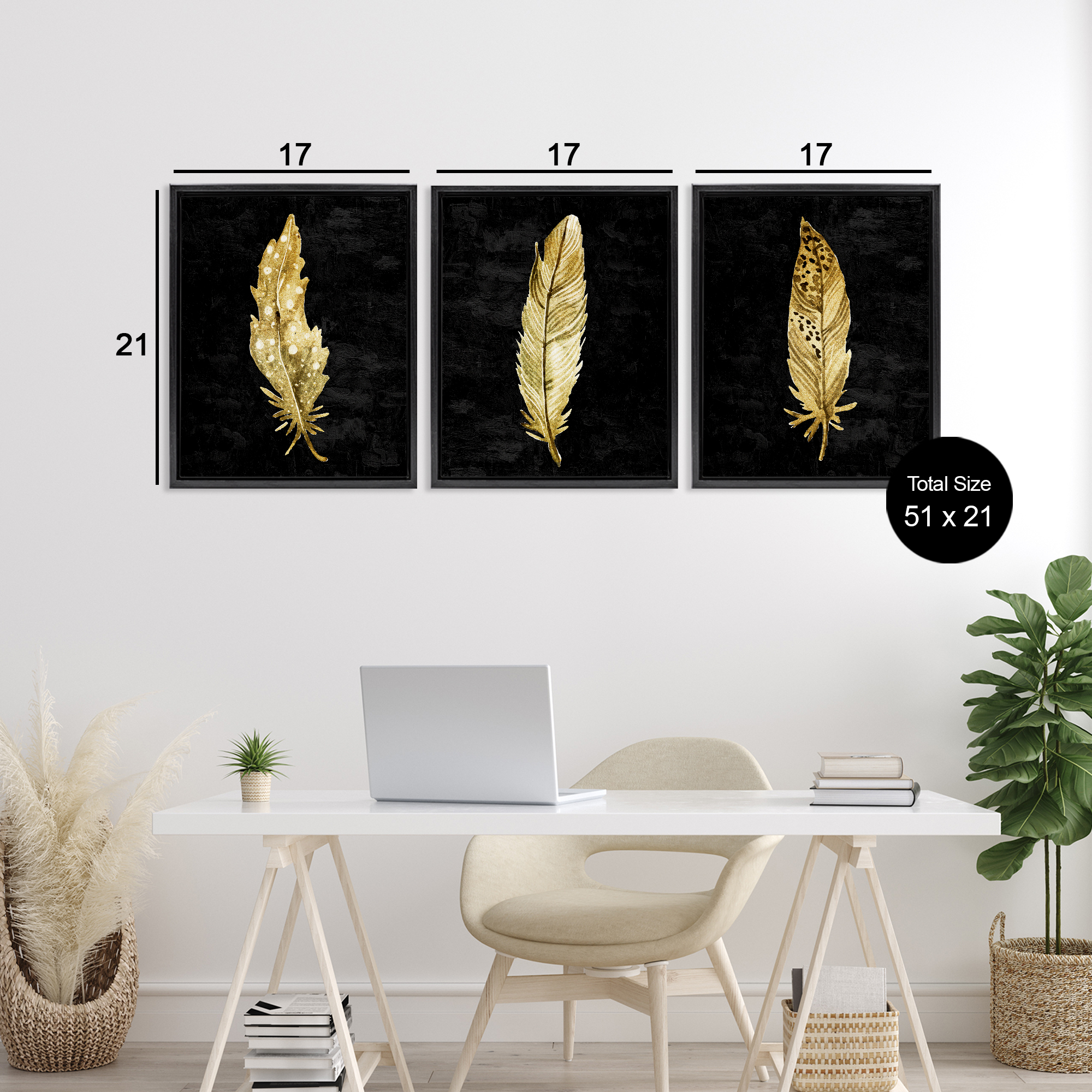 Black & Gold Feathers 3 Piece Black Framed Floater Canvas Set, design by Kim Allen